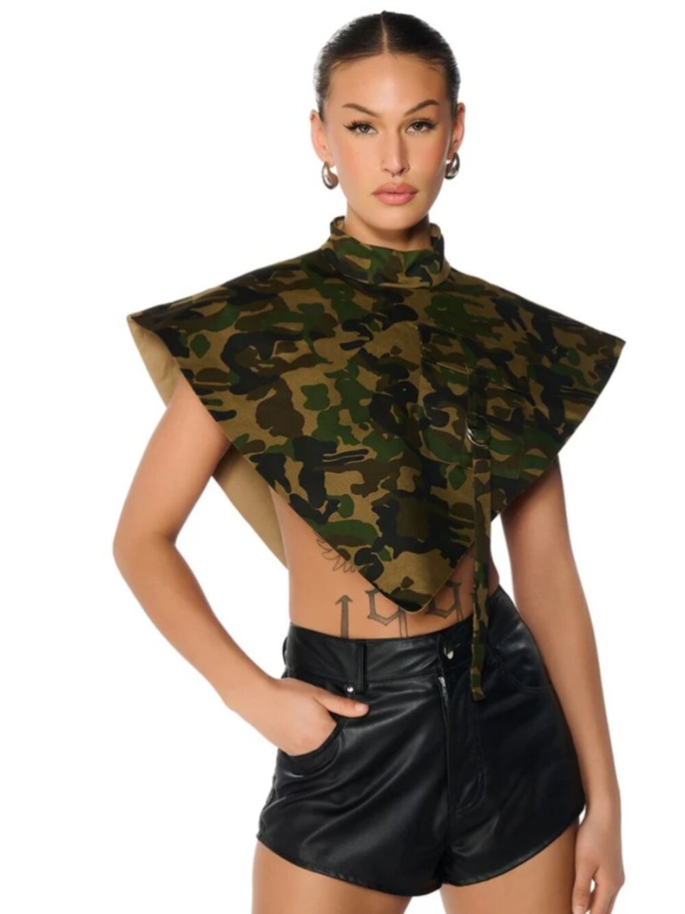AKIRA Camo Print Mock Neck Triangle Blouse Poncho Top O/S